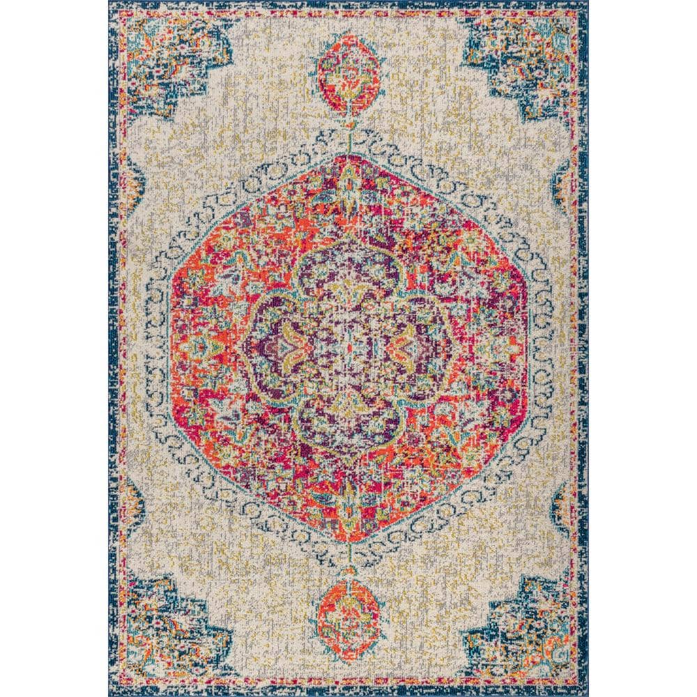 Cream and Orange Medallion Synthetic Reversible Area Rug, 3' x 5'