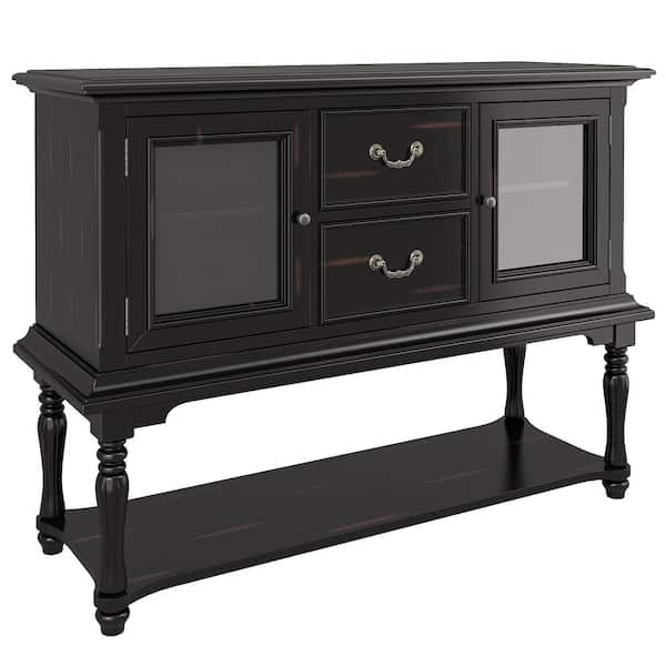 aisword 52 in. Black Brushed Gold Retro Console Table Solid Wood Legs with 2-Drawers 2-Glass Doors and Bottom Shelf