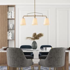Farmhouse Gold Dining Room Chandelier, 32 in. 3-Light Modern Linear Island Chandelier with Fabric Shades