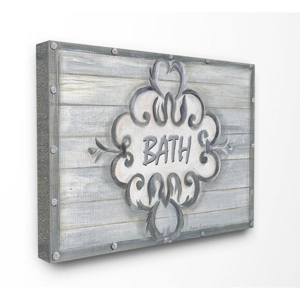 Stupell Industries 24 in. x 30 in. "Bath Grey Bead Board with Scroll Plaque Bathroom" by Bonnie Wrublesky Printed Canvas Wall Art