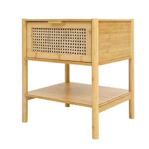17.72 in. W x 15.75 in. D x 22.05 in. H Natural Beige Bamboo Linen Cabinet with Naturel Rattan Drawer and Open Shelf
