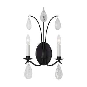 Shannon 10.75 in. W x 20 in. H 2-Light Aged Iron Large Wall Sconce with Textured Crystal Drop Glass