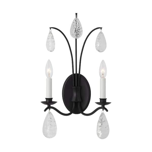 Generation Lighting Shannon 10.75 in. W x 20 in. H 2-Light Aged Iron Large Wall Sconce with Textured Crystal Drop Glass