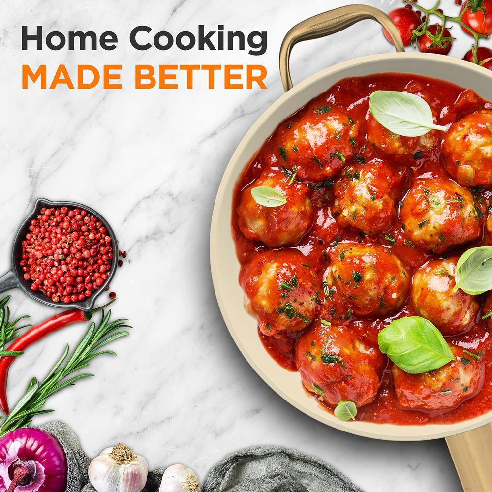 8-Inch White Ceramic Non-Stick Fry Pan with Golden Handle and Lid