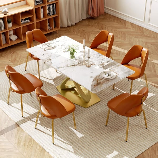 Orange PU Leather Dining Chairs with Gold Stainless Steel Legs (Set of 6)