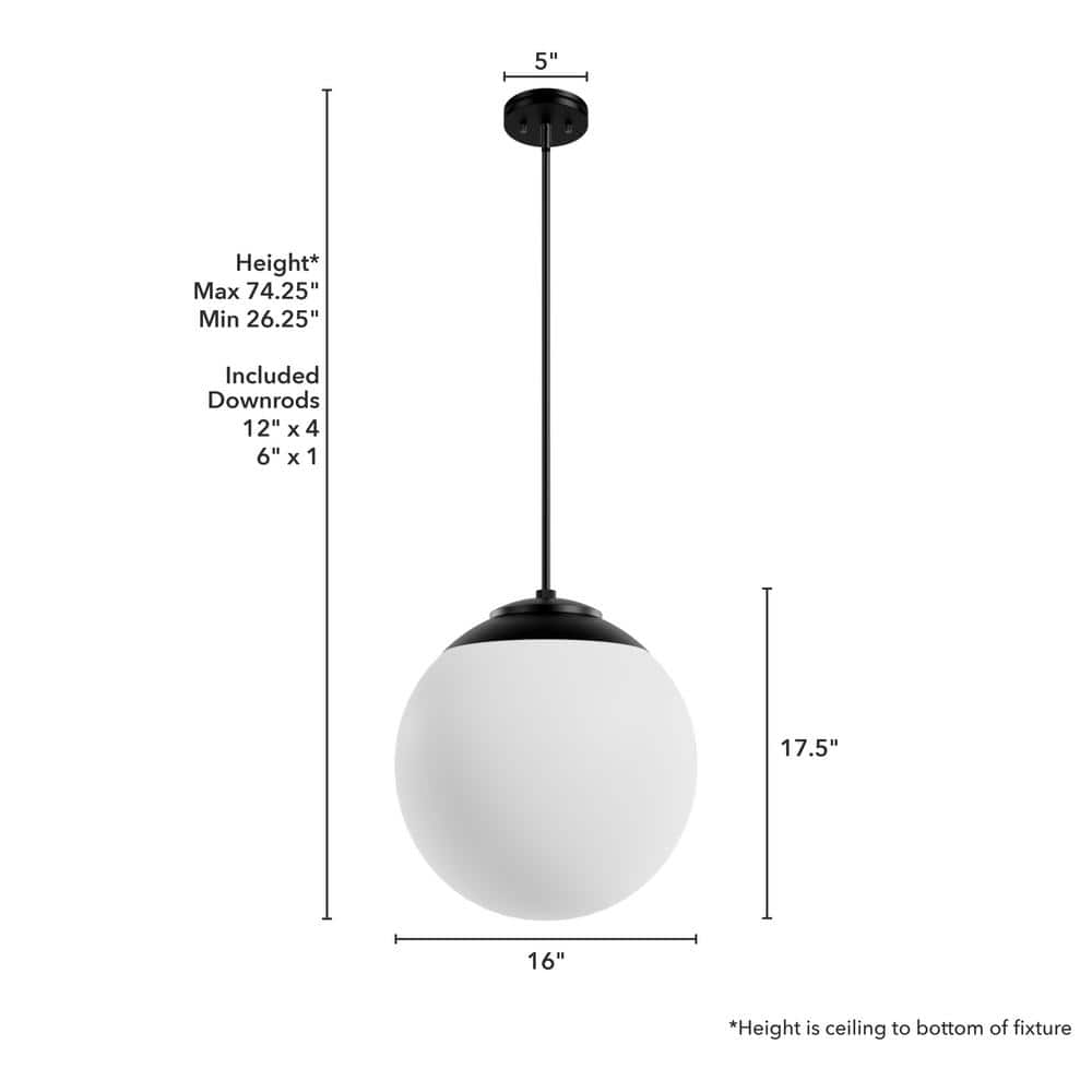 Hepburn Matte Black 16" Globe Pendant with White Glass