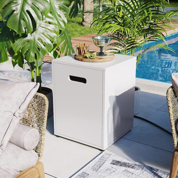 UPHA Outdoor Propane Tank Table Square Iron White Propane Tank Cover, Patio Side Table