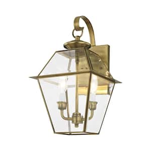 Ainsworth 16.5 in. 2-Light Antique Brass Outdoor Hardwired Wall Lantern Sconce with No Bulbs Included