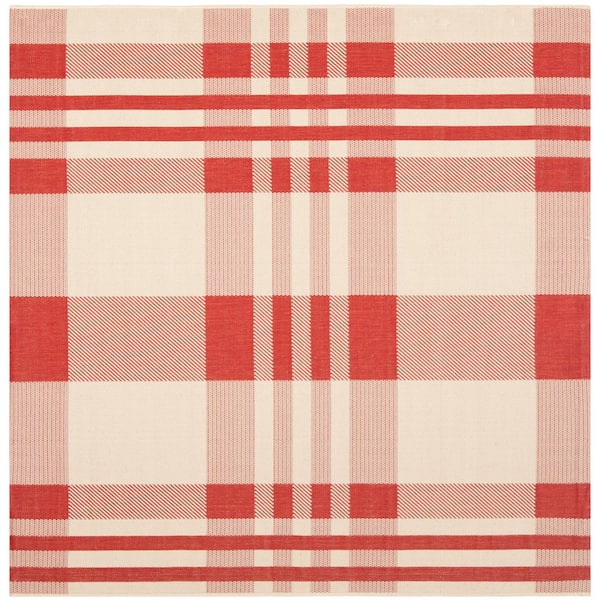 SAFAVIEH Courtyard Red/Bone 5 ft. x 5 ft. Plaid Indoor/Outdoor Patio  Square Area Rug