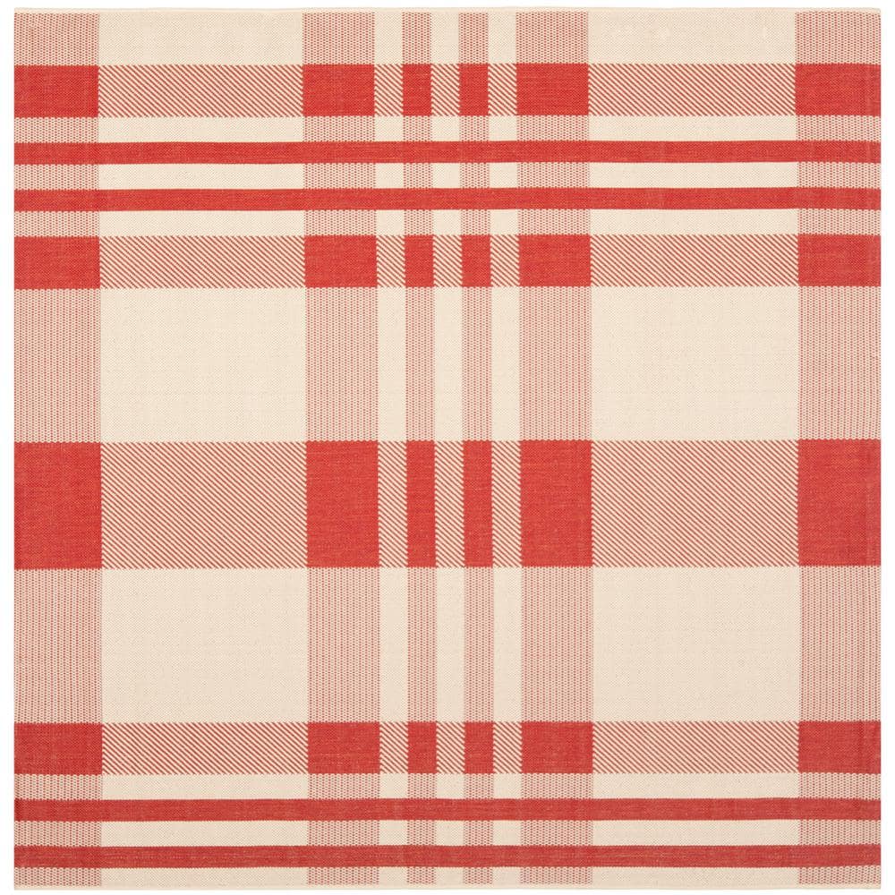 Red and Bone Plaid Synthetic Square Indoor/Outdoor Rug