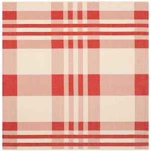 Courtyard Red/Bone 7 ft. x 7 ft. Square Striped Indoor/Outdoor Patio  Area Rug