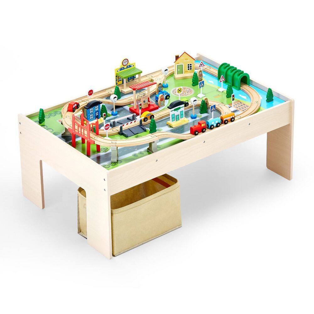Train Table, 84 Multicolor Pieces Wooden Kids Activity Table with Collapsible Storage Bin, 3-in-1 Wooden Train Set