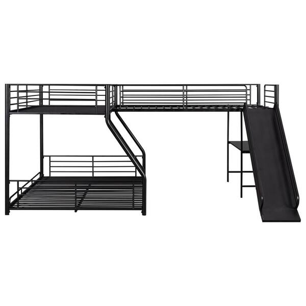 STICKON Black L-Shaped Twin Over Full Size Bunk Bed and Twin Size Loft Bed with Built-in Desk and Slide