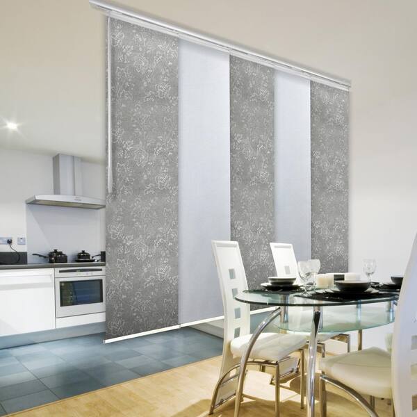 EMOH Etched Stone 58 in. - 110 in. W x 94 in. L Adjustable 5- Panel White Single Rail Panel Track with 23.5 in. Slates
