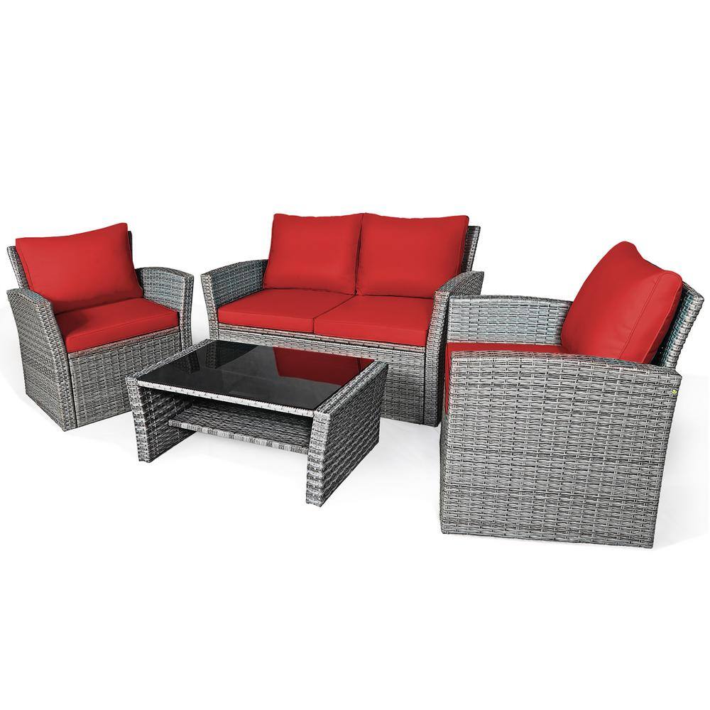Costway 4Pieces Wicker Patio Conversation Set Sofa Table with Storage Shelf and Red Cushion