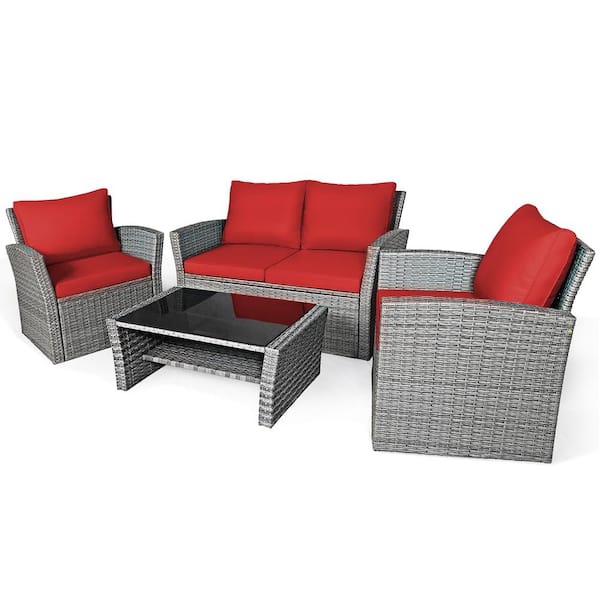 Costway 4-Pieces Wicker Patio Conversation Set Sofa Table with Storage Shelf and Red Cushion