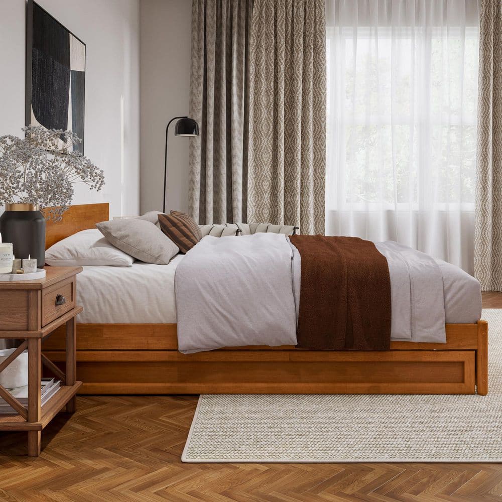 Wesley Walnut Brown Solid Wood Frame King Platform Bed with Panel Footboard and Twin XL Trundle - thumbnail 3