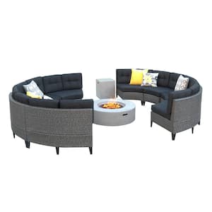 10-Piece Faux Rattan Outdoor Patio Fire Pit Sectional Seating Set with Dark Gray Cushions