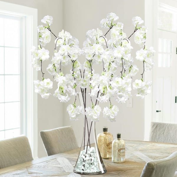 51 in. Cream White Artificial Hanging Japanese Cherry Blossom Flower Stem Spray (Set of 3)