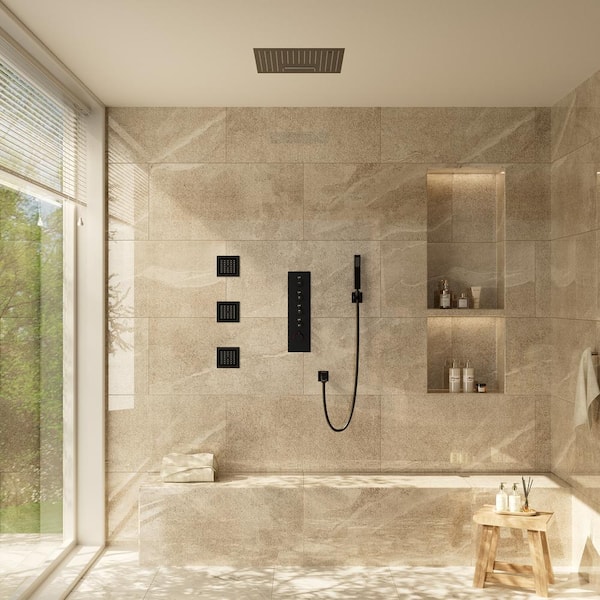 LED Music 4-Spray Patterns Thermostatic 16 in. Ceiling Mount Fixed and Handheld Shower Head with 3-Jet in Matte Black