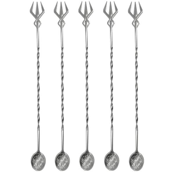 5-Piece 12.67 in. Spiral Handle Bar Spoon Trident Fork 18/10 Stainless Steel Cocktail Stirrer Silver