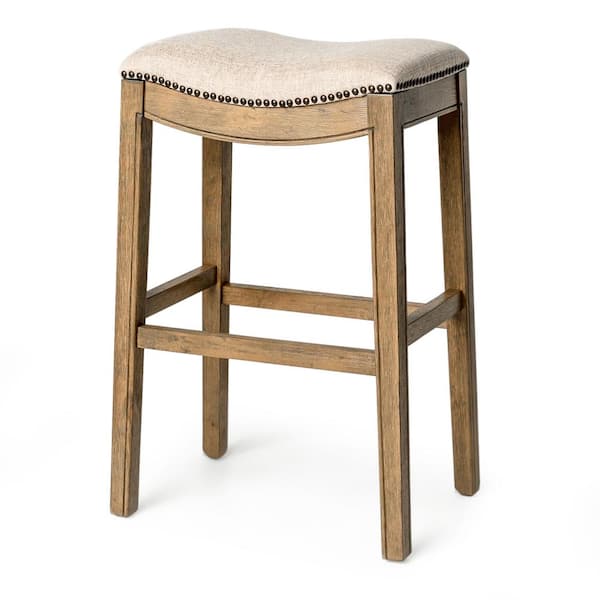 MAVEN LANE Adrien 31 in. Natural Backless Wooden Bar Stool with Premium Erin Cream Fabric Upholstered Seat