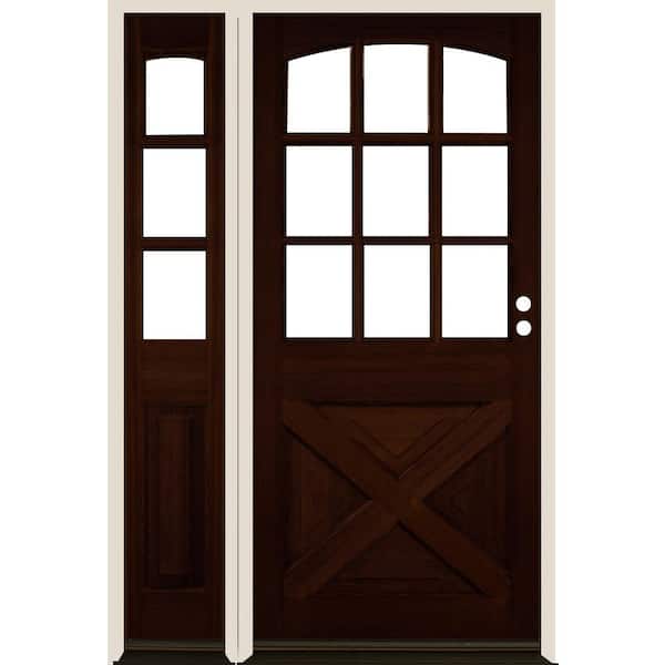 Krosswood Doors 50 in. x 80 in. Farmhouse X Panel LH 1/2 Lite Clear Glass Red Mahogany Stain Hemlock Prehung Front Door with LSL