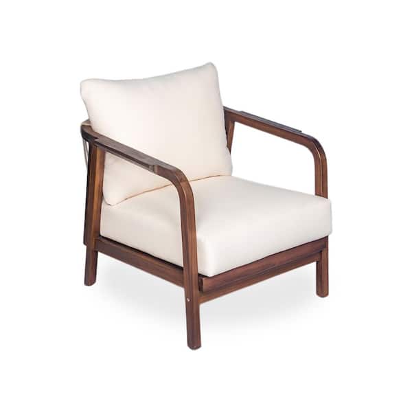Extra Wide Solid Wood Outdoor Lounge Chair with Woven Backrest, Comfy Cushion and Curved Armrests Patio Garden, Walnut