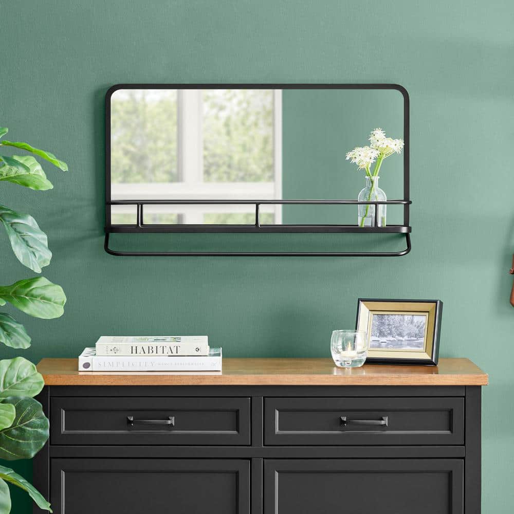 30 in. W x 16 in. H Medium Modern Rectangular Black Framed Mirror with Shel