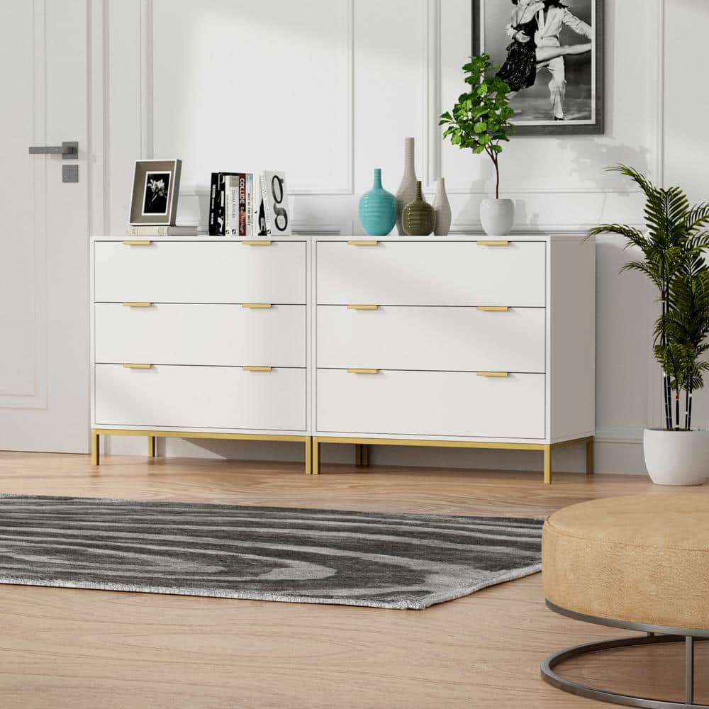 White MDF 3-Drawer Chest with Gold Accents