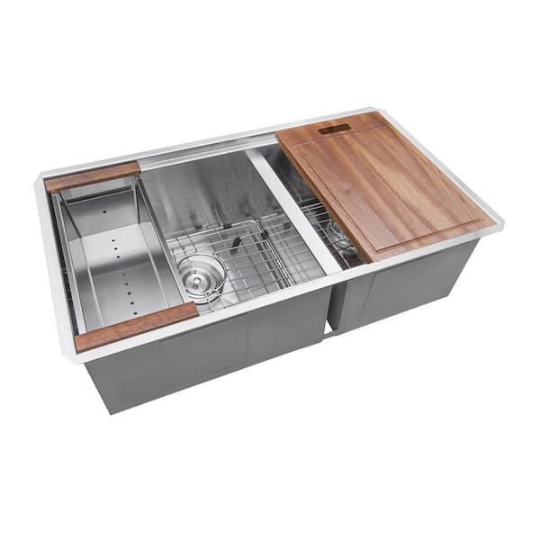 Ruvati Roma 33 in. Undermount 60/40 Double Bowl 16-Gauge Stainless Steel Workstation Kitchen Sink with Accessories