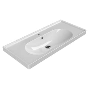 Arya Modern White Ceramic Rectangular Wall Mounted Sink with Single Faucet Hole