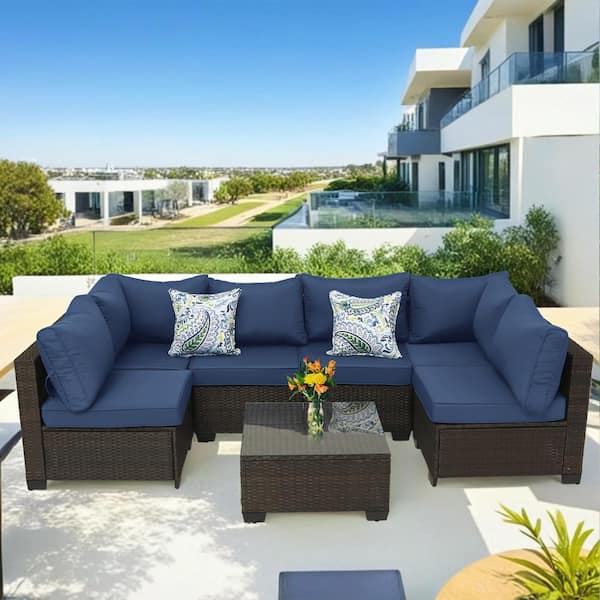 Unbranded Brown 7-Piece Wicker Outdoor Sectional Set with Glass Table and Peacock Blue Cushions