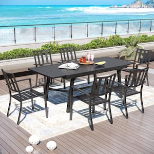 7-Piece Metal Outdoor Dining Set with Extensible Rectangular Slat Table and Modern Stackable Chairs