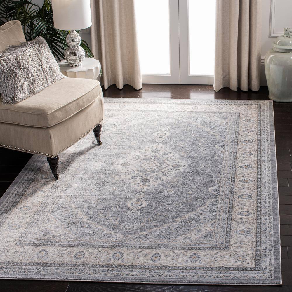 Grey and Cream Synthetic Stain-Resistant Oriental Area Rug, 9' x 12'