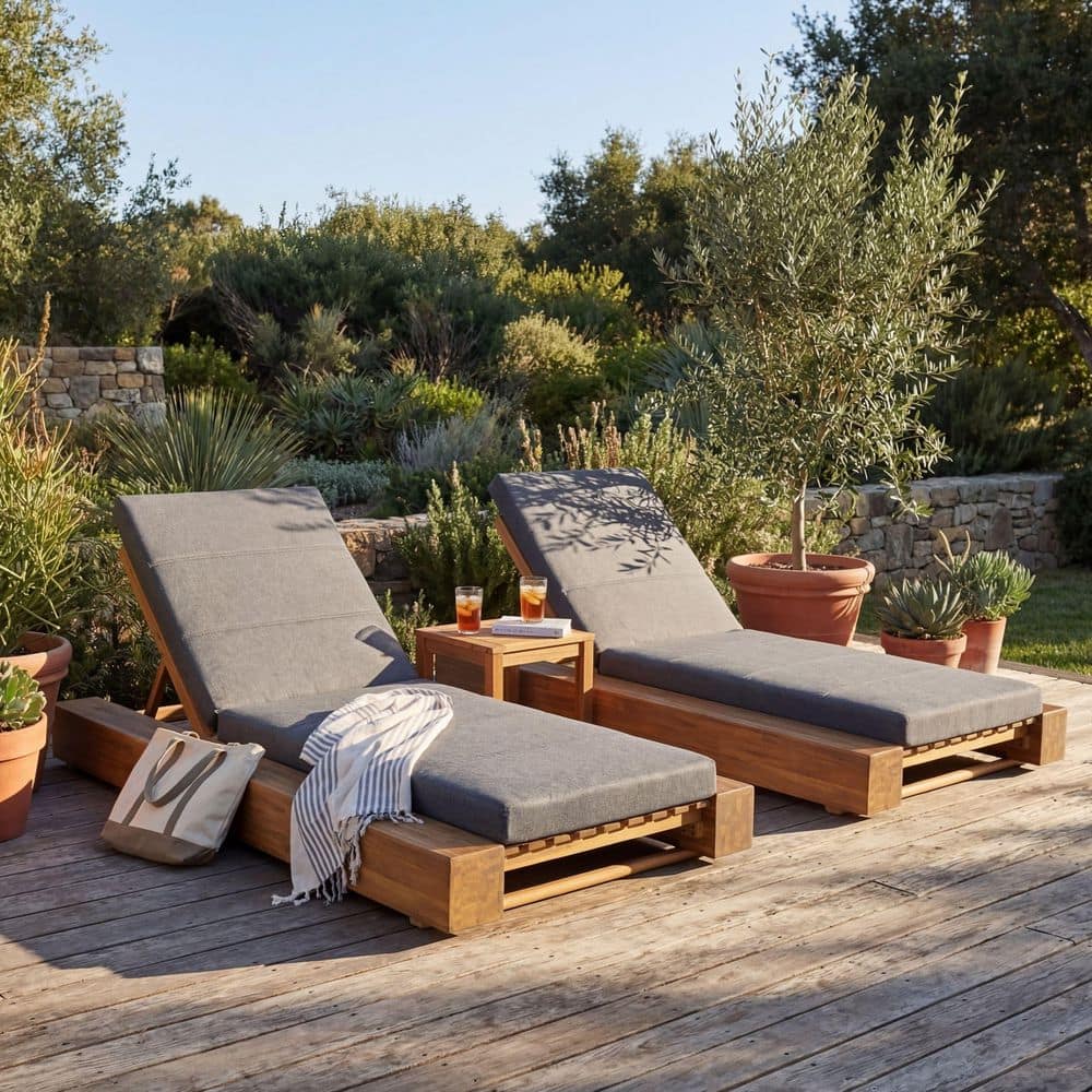Amedea Teak Solid Wood Outdoor Chaise Lounge with Gray Cushions, Set of 2 price history on PriceWatchPro