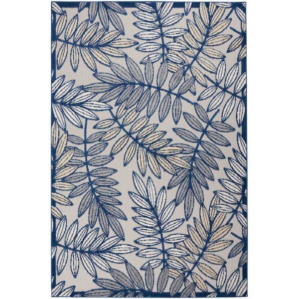 Nourison Aloha Ivory/Navy 4 ft. x 6 ft. Floral Modern Indoor/Outdoor Patio Area Rug