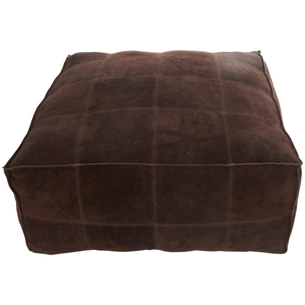 Dark Brown Genuine Leather Square Ottoman Pouf