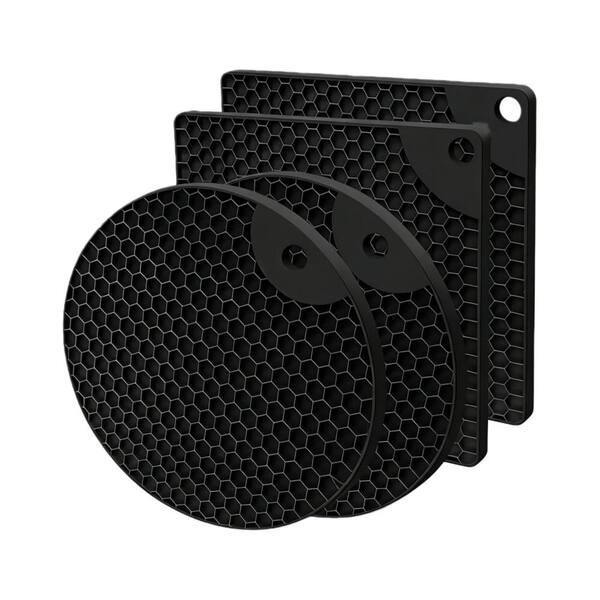 Silicone Trivet Mats with Heat Resistant for Kitchen Potholders, Hot Dishes, Jar Opener, Spoon Holder, Black (4-Pack)