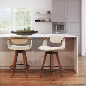 Oracle 26 in. in Cream Faux Leather and Walnut Mid-Century Modern Counter Stool
