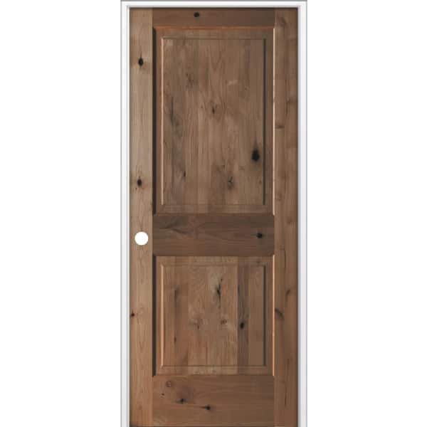 32 in. x 80 in Rustic Knotty Alder 2 Panel Square Top Right-Hand Single BEHR True Black Stain Wood Prehung Interior Door