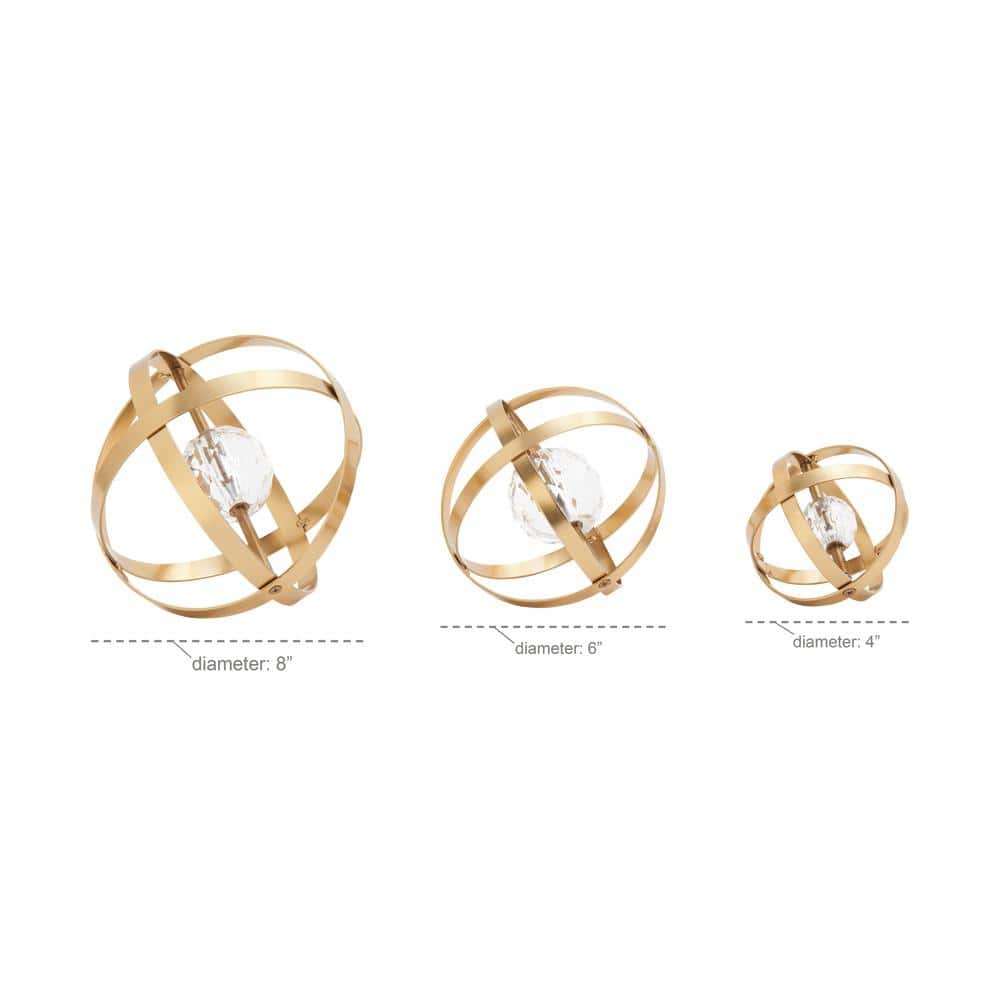Gold Metal Geometric Sculpture Set with Crystal Center