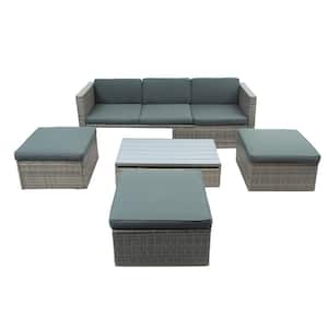 Gray 5-Piece PE Wicker Outdoor Patio Sofa Sectional Set with Adjustable Backrest, Cushions, Ottomans and Coffee Table