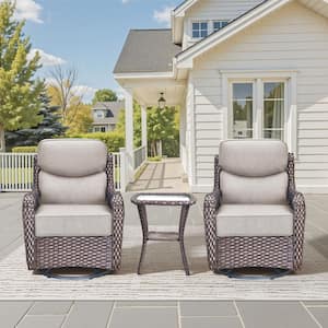 Holion 3-Piece Brown Wicker Outdoor Rocking Chair Set Patio Swivel Glider Lounge Chair with 6 in. Beige Cushions