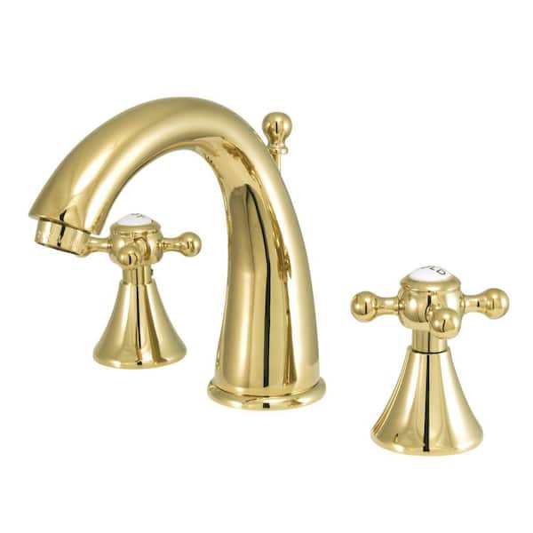 Kingston Brass English Country 8 in. Widespread 2-Handle Bathroom Faucets with Brass Pop-Up in Polished Brass