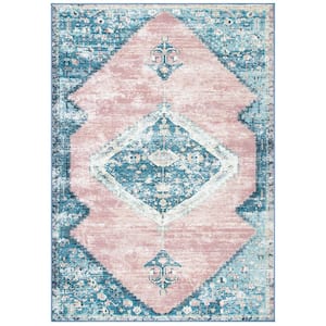 Journey Blue/Pink 4 ft. x 6 ft. Machine Washable Distressed Floral Area Rug