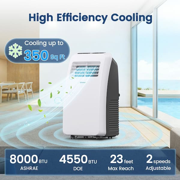 3-In-1 350 sq. ft. 8,000 BTU ASHRAE Portable Air Conditioner with Dehumidifier & 2-Speed Fan, Remote Control, Sleep Mode