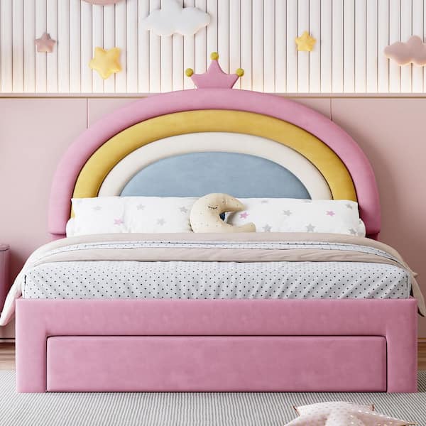 Pink Wood Frame Full Size Platform Bed with Storage Drawer
