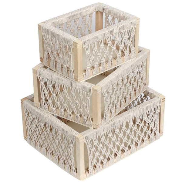 Afoxsos White 12 in. x 6.5 in. Wood Decorative Basket Set of 3 Boho Storage Bins for Home Decor, Perfect Pampas Grass Holder