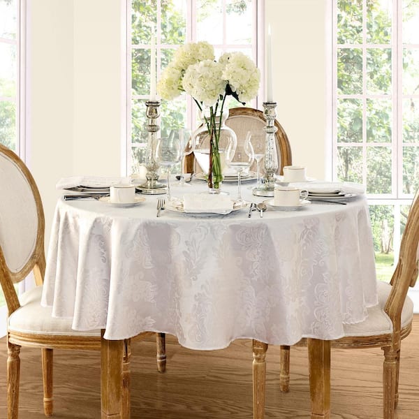Barcelona Jacquard Damask Tablecloth, White - 90"W x 90"L Round